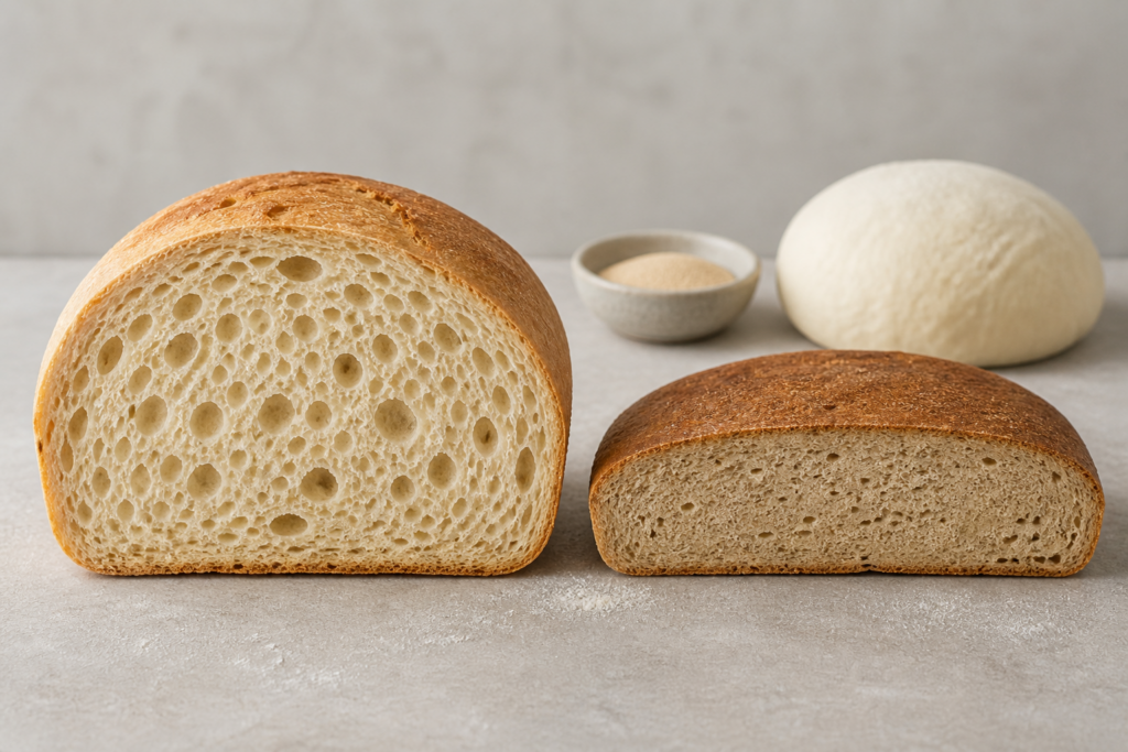 Why does my bread not rise? Airy risen bread compared with a dense loaf