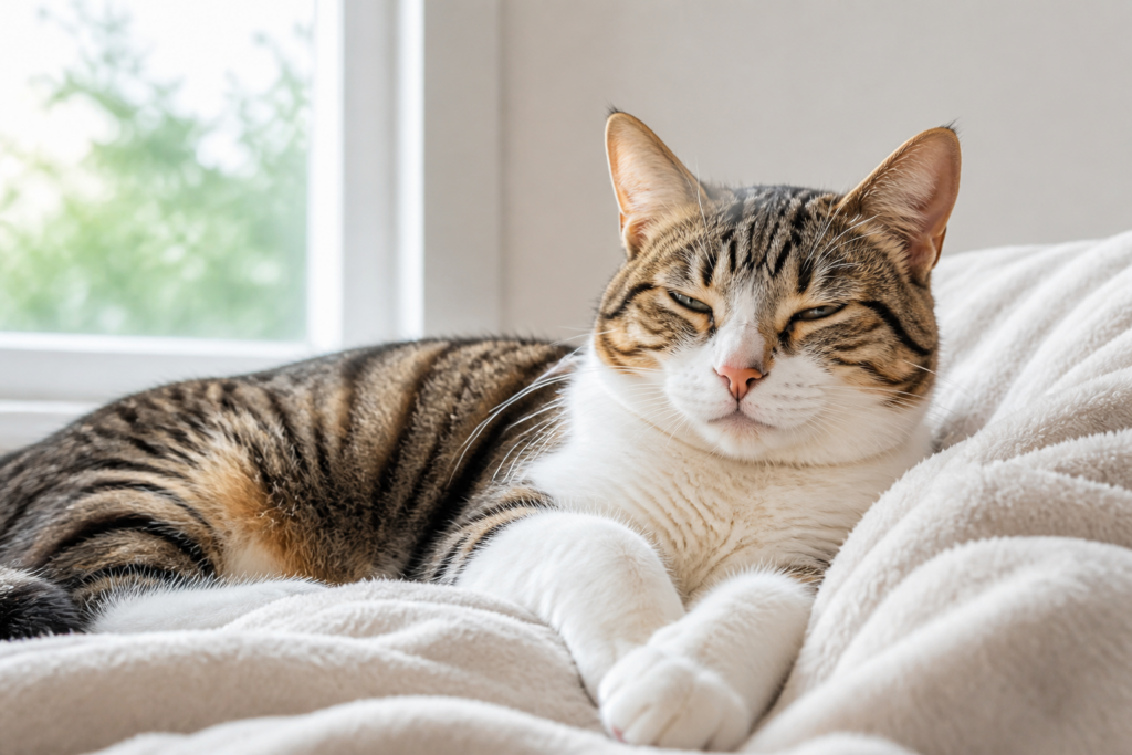 Tabby cat resting on a blanket