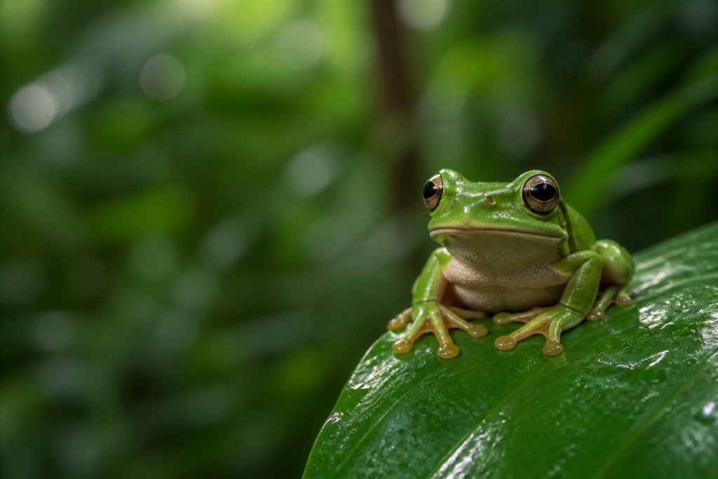 How do frogs protect themselves? Green tree frog on a wet leaf