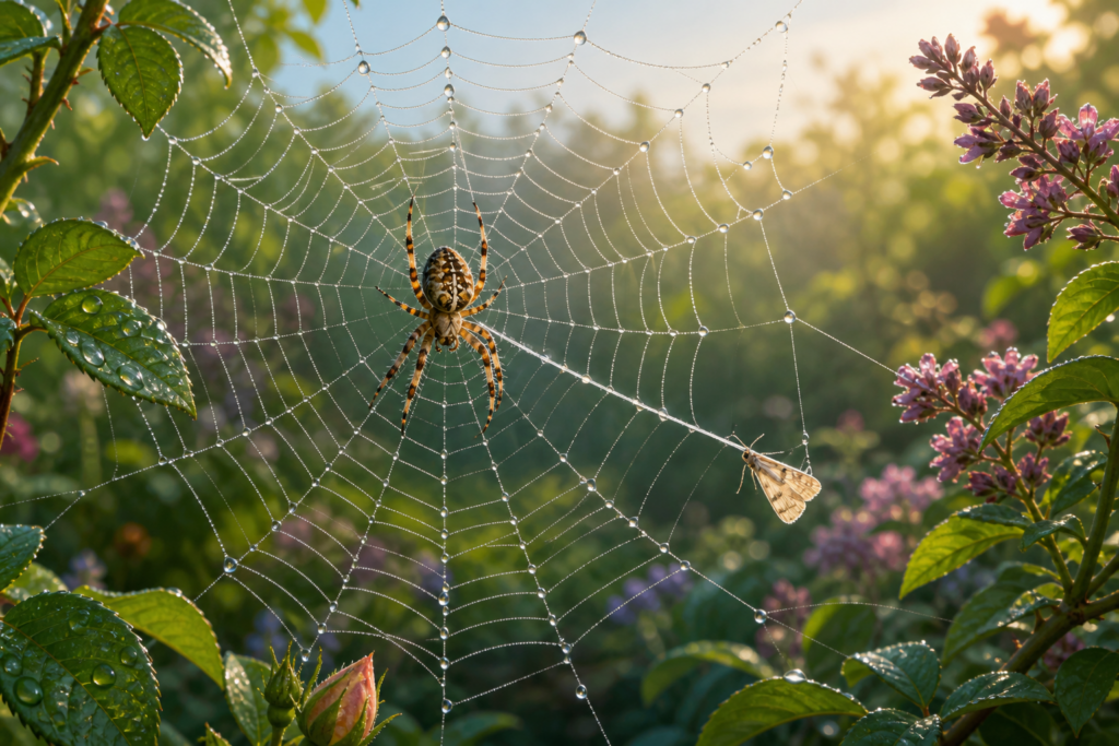 Why do spiders make webs? Orb web with spider and dew