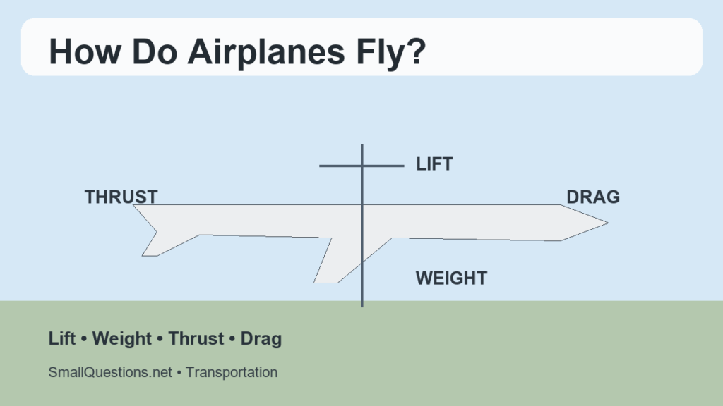 How do airplanes fly? Diagram showing lift, weight, thrust and drag