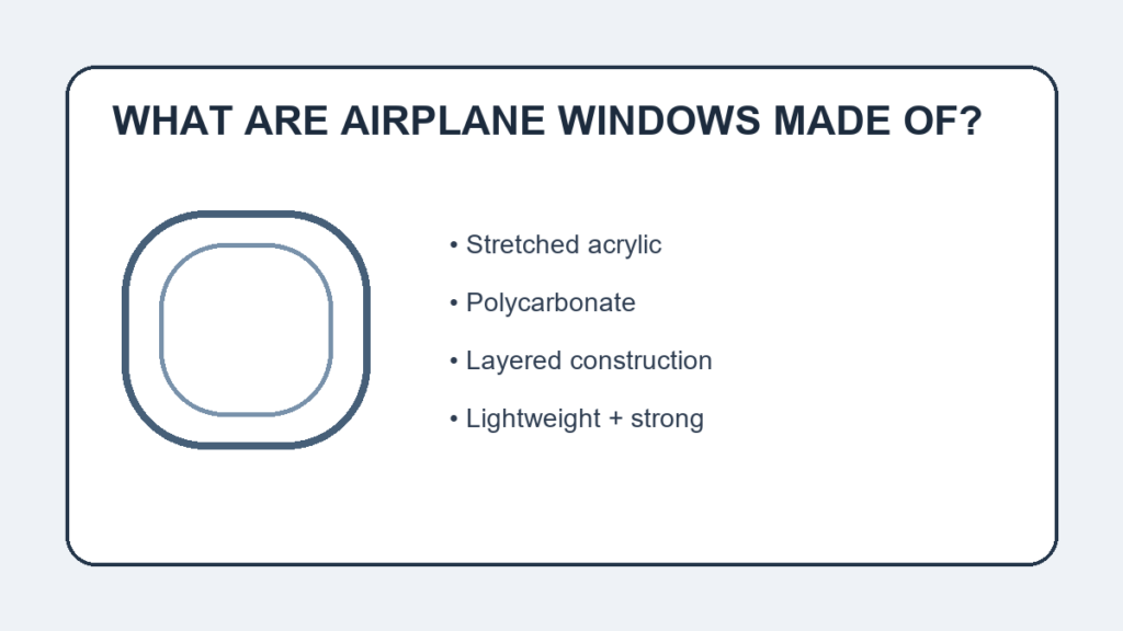What are airplane windows made of? Illustration highlighting stretched acrylic, polycarbonate, layered construction, and lightweight strength.