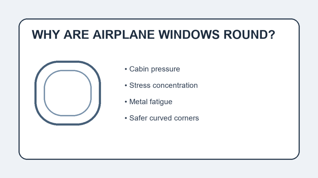 Why are airplane windows round? Illustration showing rounded aircraft windows, cabin pressure, stress concentration and metal fatigue.