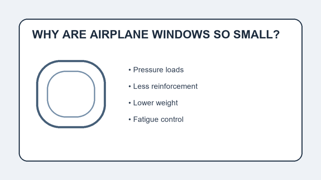 Why are airplane windows so small? Illustration showing pressure loads, reduced reinforcement, lower weight, and fatigue control.