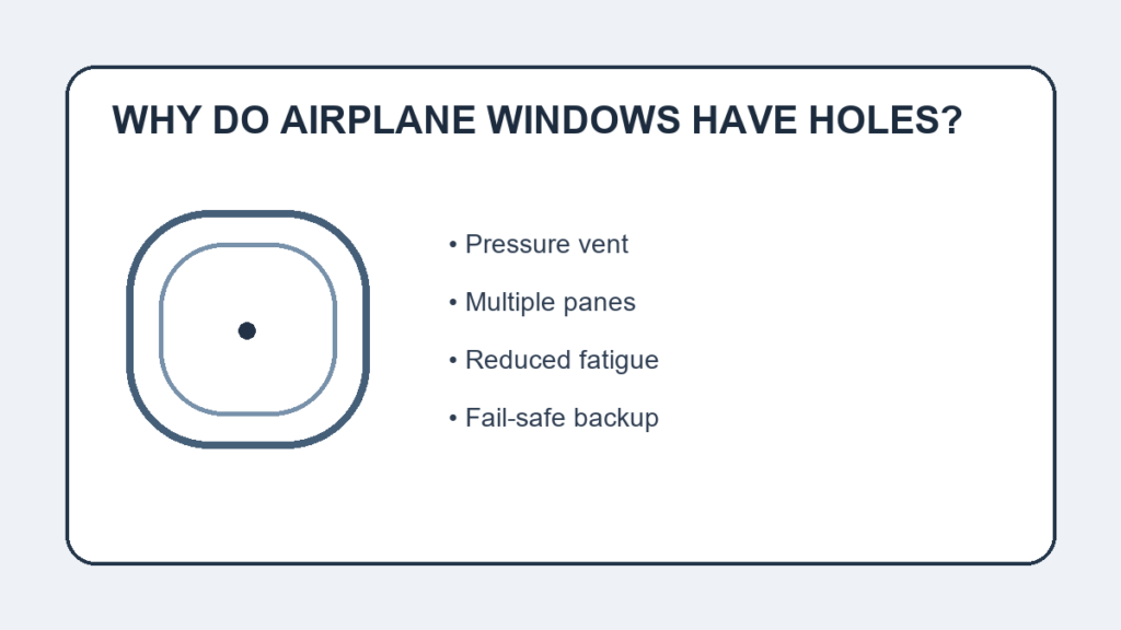 Why do airplane windows have holes? Illustration showing the tiny pressure vent, multiple panes, reduced fatigue, and fail-safe backup.