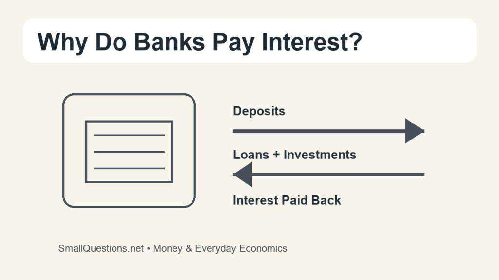 Why do banks pay interest? Diagram showing deposits funding loans and interest returning to savers.