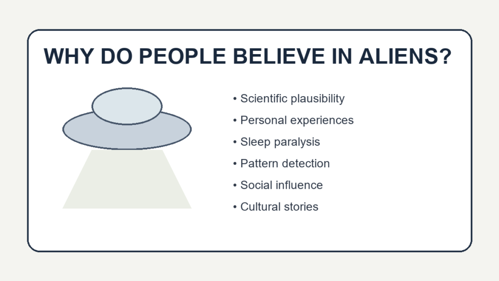 Why do people believe in aliens? Illustration of a UFO and common reasons alien beliefs can feel convincing.