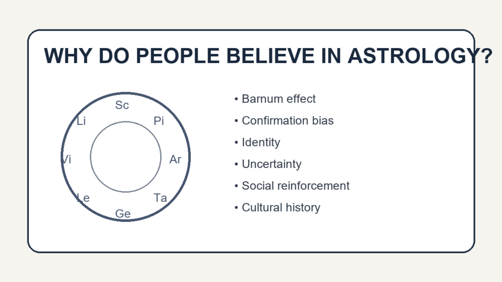 Why do people believe in astrology? Illustration of zodiac symbols and psychological reasons astrology can feel convincing.