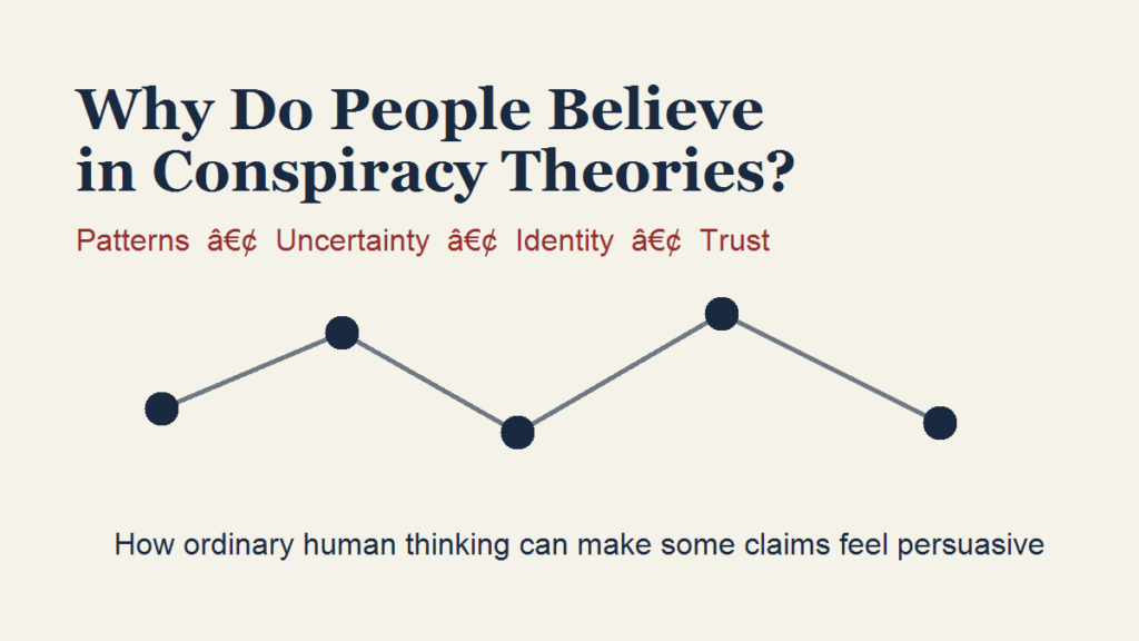 Why do people believe in conspiracy theories? Illustration of connected ideas, uncertainty, identity and trust.