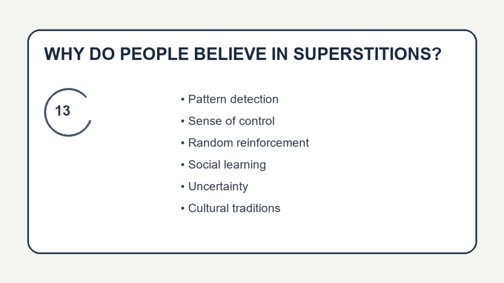 Why do people believe in superstitions? Illustration highlighting pattern detection, uncertainty, social learning and control.