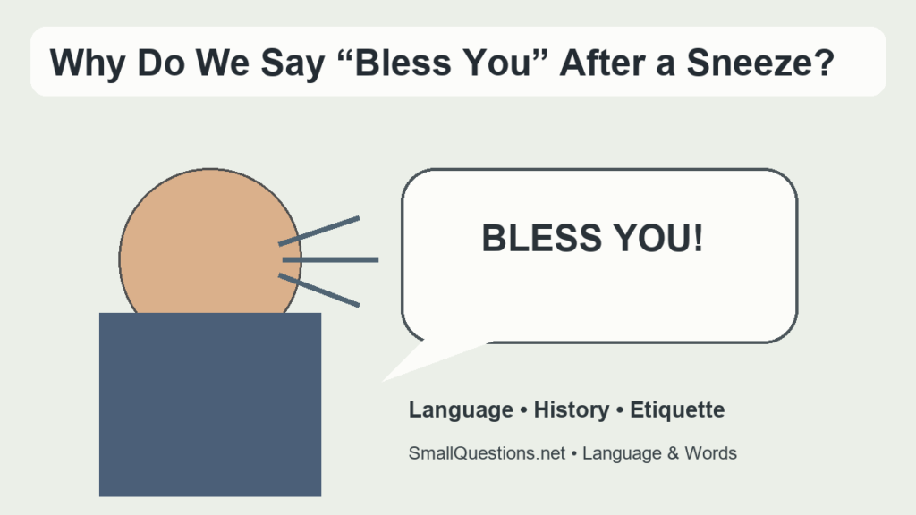 Why do we say bless you when someone sneezes? Illustration of a sneeze and the phrase bless you
