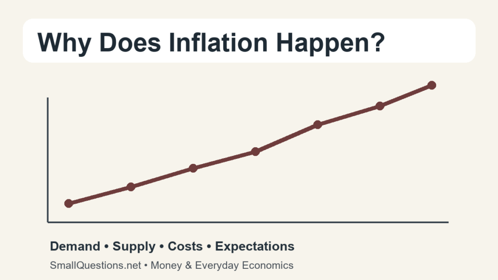 Why does inflation happen? Illustration of rising prices, demand, supply, costs, and expectations.